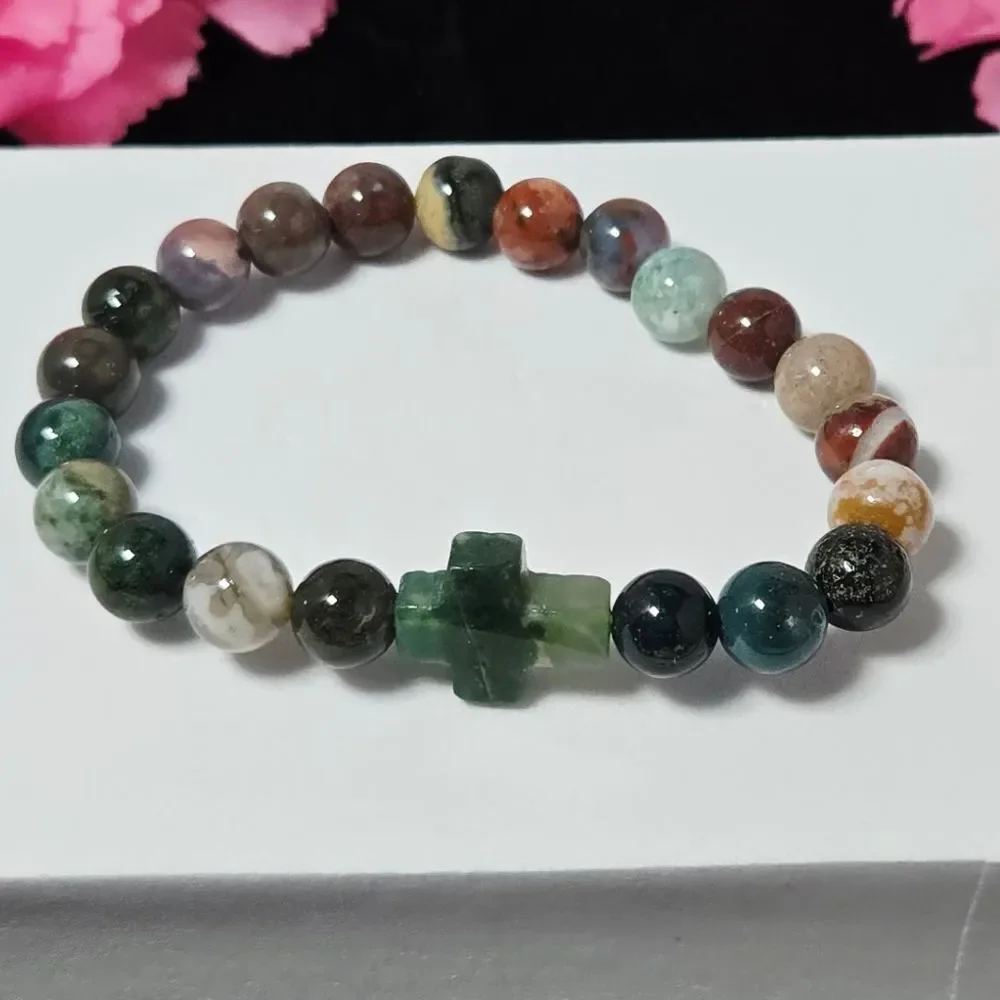 Natural Indian Agate Green Aventurine Cross Stretch Bracelet Christian Gift